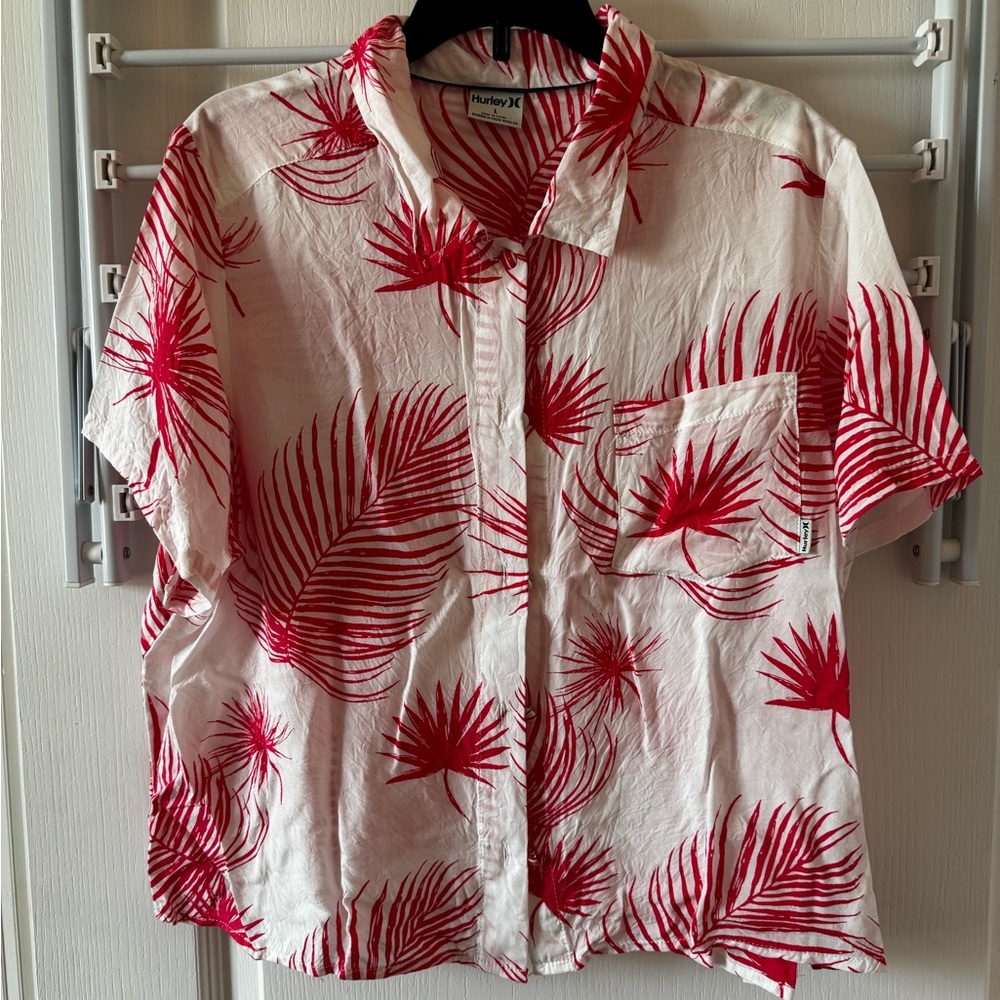 Red and White Tropical Print Shirt